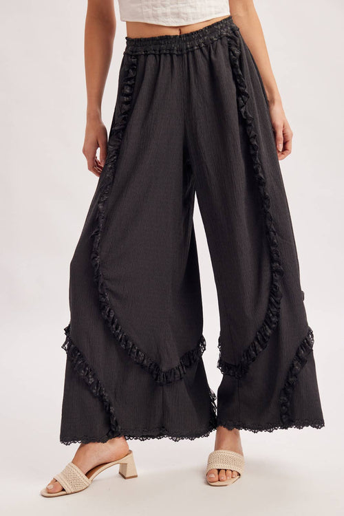 BOHO EYELET LACE RUFFLE TRIMMED WIDE PANTS