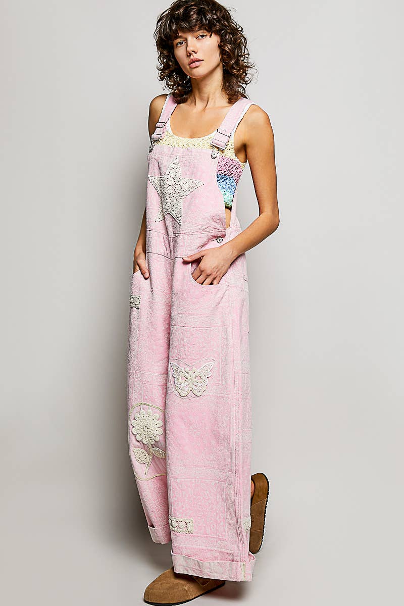 Floral Crochet Pearl Patch Roomy Fit Twill Overalls