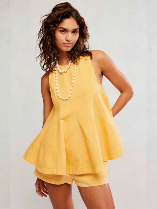 Denim Outfit Set-Sleeveless Top & Elastic-Waist Shorts