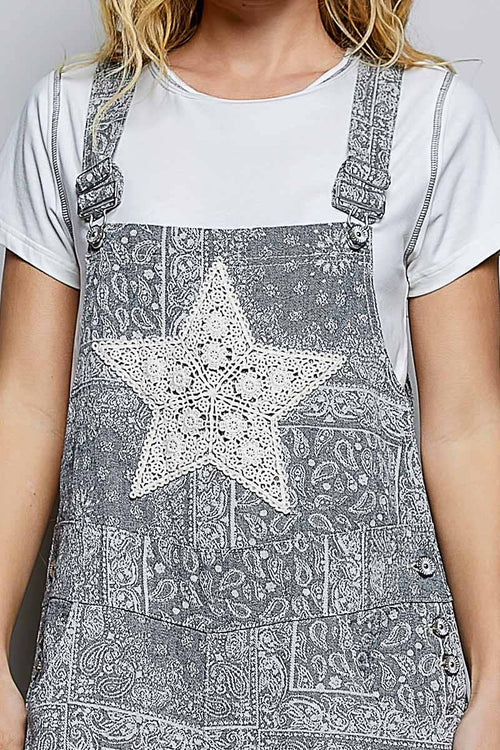 Floral Crochet Pearl Patch Roomy Fit Twill Overalls