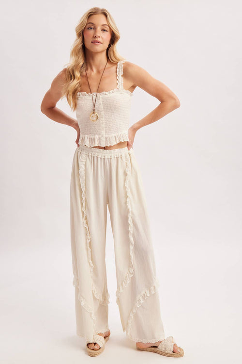 BOHO EYELET LACE RUFFLE TRIMMED WIDE PANTS