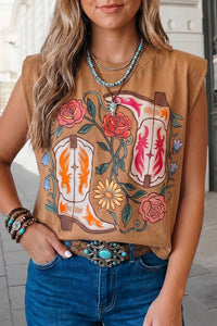 Western Floral Print Sleeveless Round Neck Top | S-XL