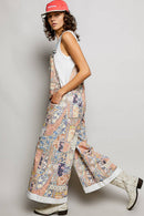 Floral Crochet Pearl Patch Roomy Fit Twill Overalls