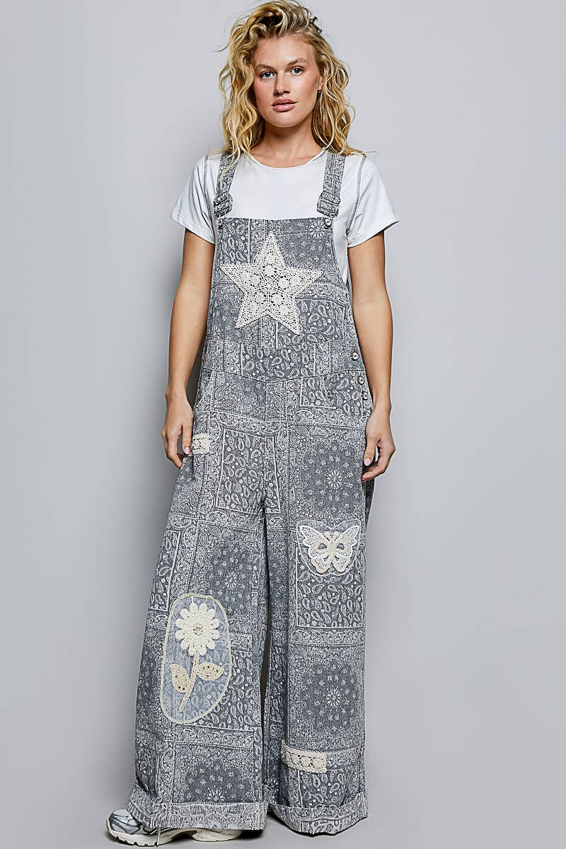 Floral Crochet Pearl Patch Roomy Fit Twill Overalls