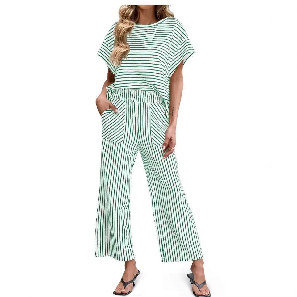 Striped Batwing Sleeve Top & Wide Leg Pants Set