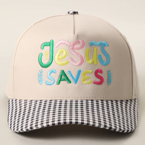 JESUS SAVES Embroidered Gingham Brim Trucker Hat