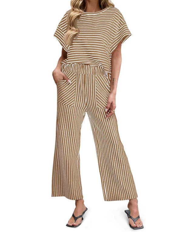 Striped Batwing Sleeve Top & Wide Leg Pants Set