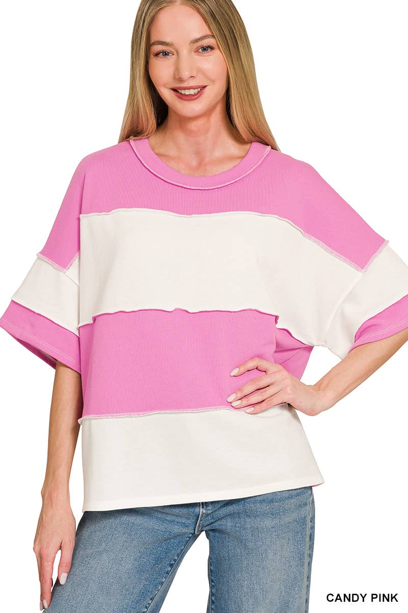 French Terry Color Block Exposed Seam Top - Zenana