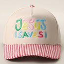 JESUS SAVES Embroidered Gingham Brim Trucker Hat