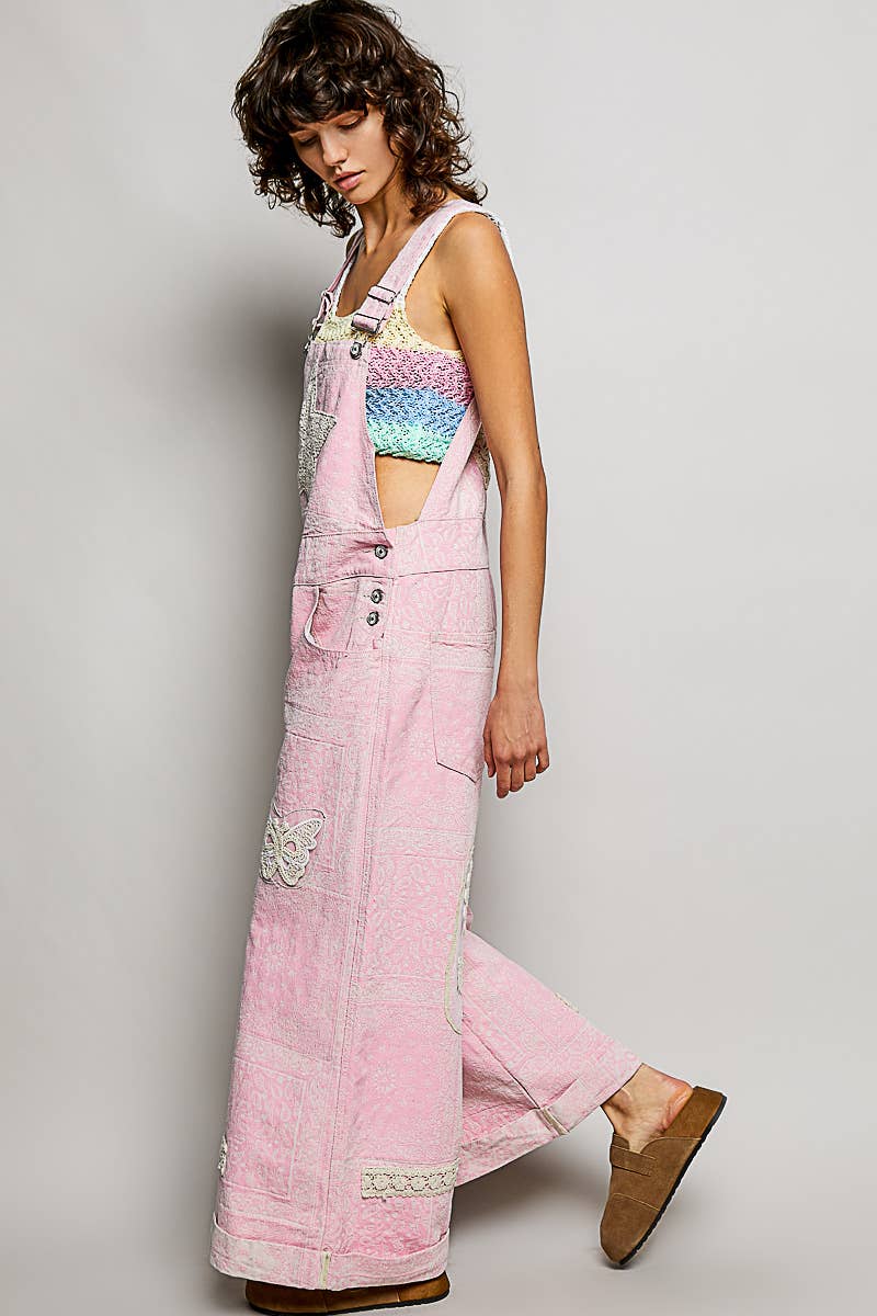 Floral Crochet Pearl Patch Roomy Fit Twill Overalls