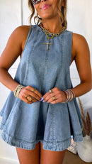 Denim Outfit Set-Sleeveless Top & Elastic-Waist Shorts