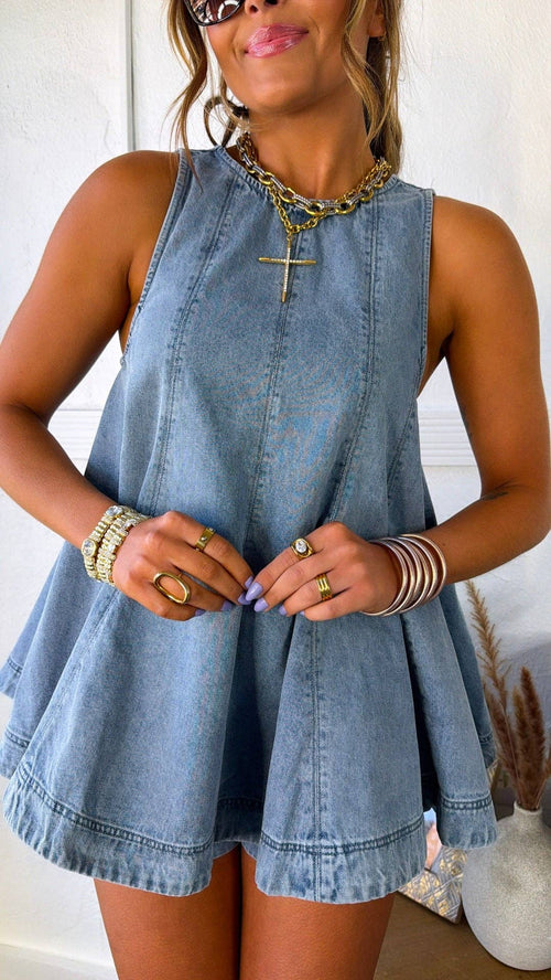 Denim Outfit Set-Sleeveless Top & Elastic-Waist Shorts