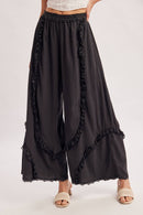 BOHO EYELET LACE RUFFLE TRIMMED WIDE PANTS