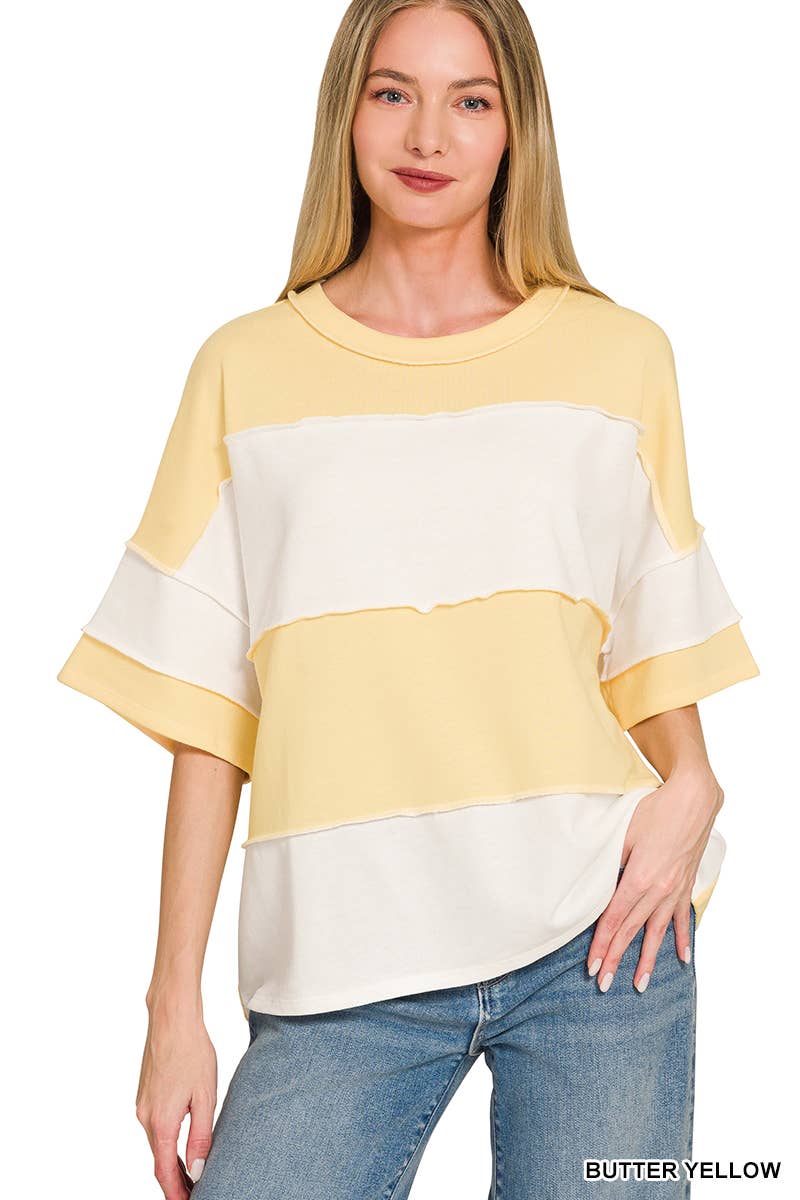 French Terry Color Block Exposed Seam Top - Zenana