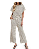 Striped Batwing Sleeve Top & Wide Leg Pants Set
