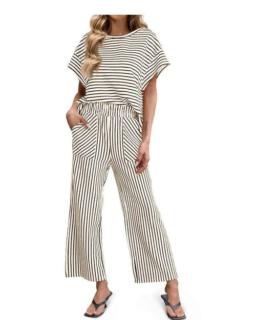 Striped Batwing Sleeve Top & Wide Leg Pants Set