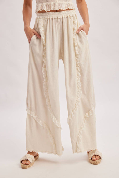 BOHO EYELET LACE RUFFLE TRIMMED WIDE PANTS