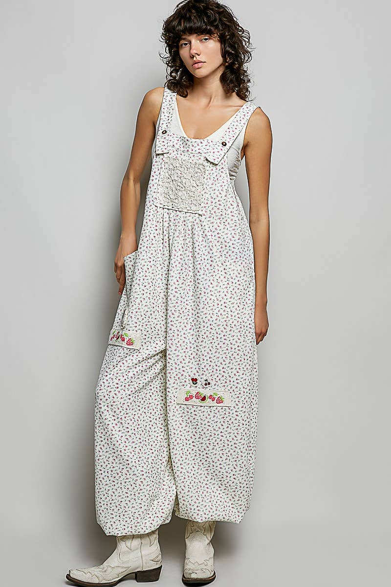 Vintage Floral Knit Contrast Pocket Jogger Overalls