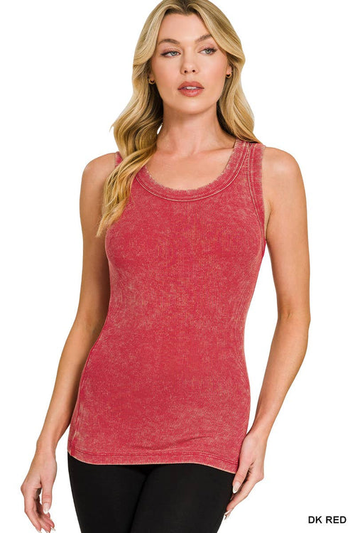 Washed Ribbed Scoop Neck Tank Top - Zenana