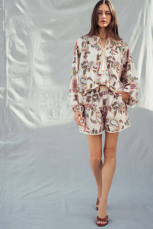 Boho Colorful Paisley Embroidered Smocked Shorts