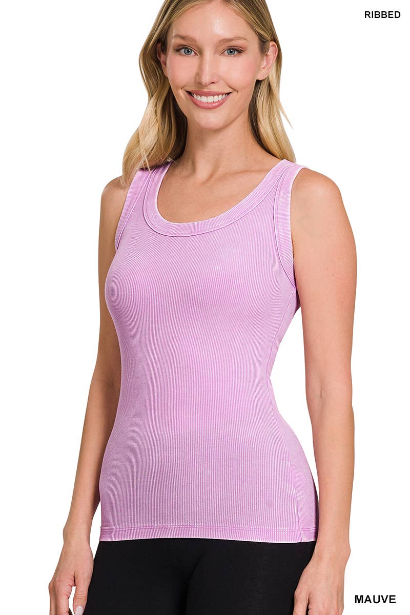 Washed Ribbed Scoop Neck Tank Top - Zenana