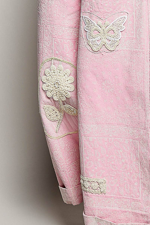 Floral Crochet Pearl Patch Roomy Fit Twill Overalls