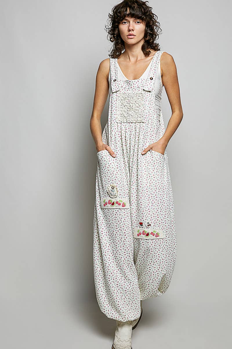 Vintage Floral Knit Contrast Pocket Jogger Overalls