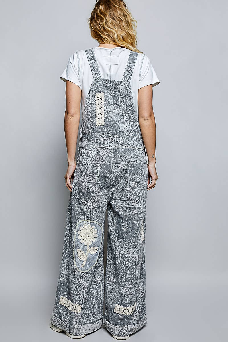 Floral Crochet Pearl Patch Roomy Fit Twill Overalls