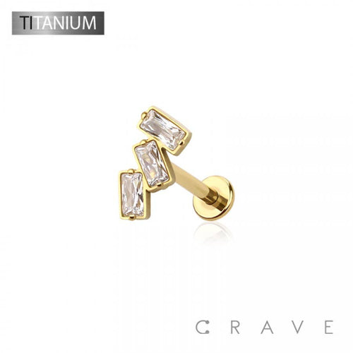 IMPLANT GRADE SOLID TITANIUM TRIPLE BAGUETTE LINE CZ PUSH IN