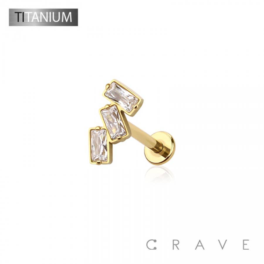 IMPLANT GRADE SOLID TITANIUM TRIPLE BAGUETTE LINE CZ PUSH IN