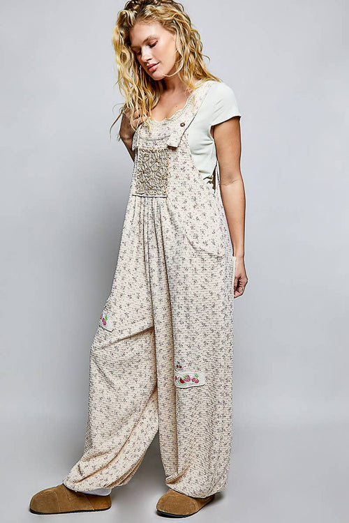 Vintage Floral Knit Contrast Pocket Jogger Overalls