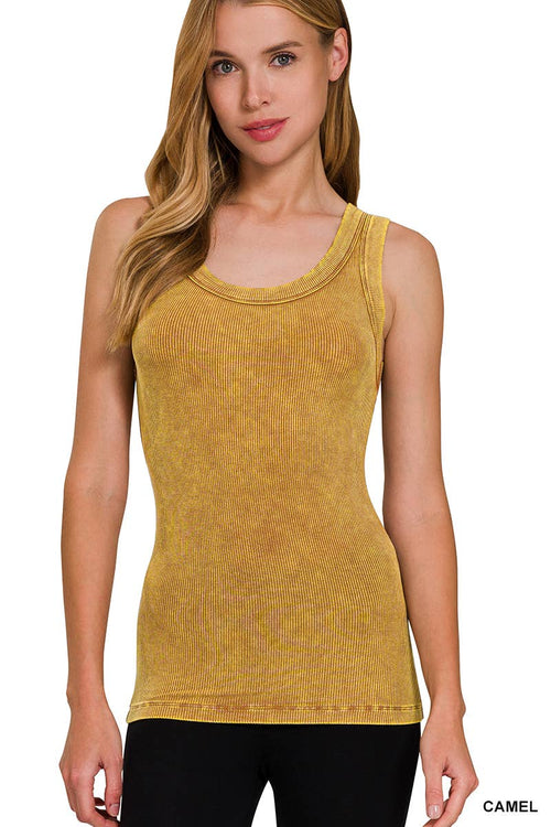 Washed Ribbed Scoop Neck Tank Top - Zenana