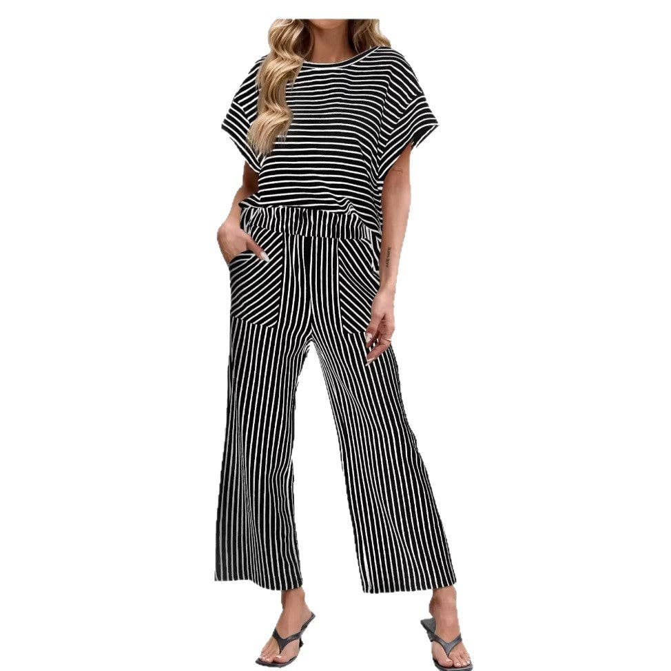 Striped Batwing Sleeve Top & Wide Leg Pants Set