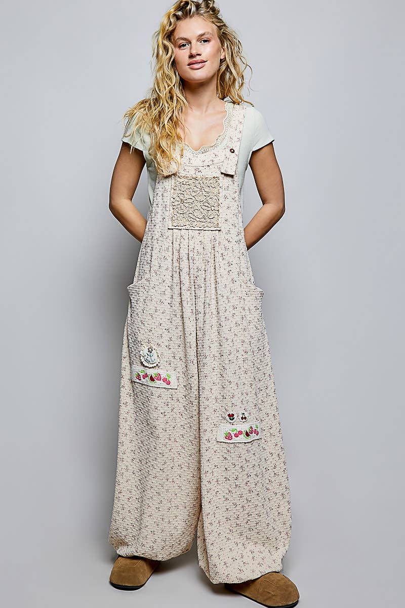 Vintage Floral Knit Contrast Pocket Jogger Overalls