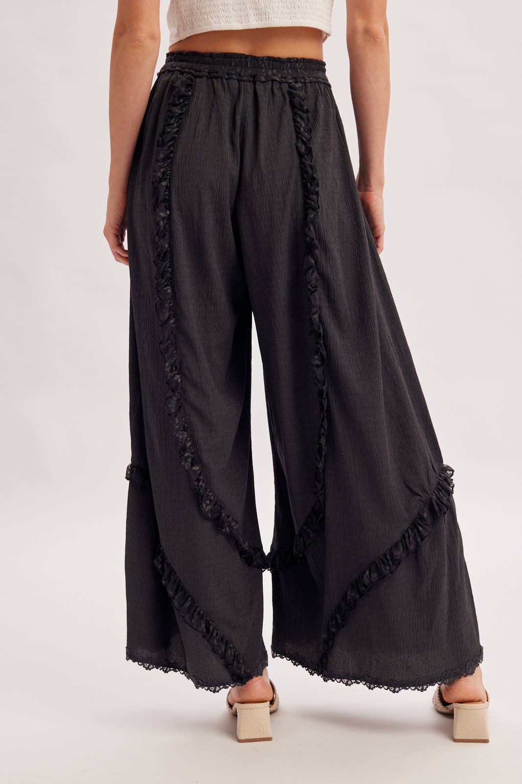 BOHO EYELET LACE RUFFLE TRIMMED WIDE PANTS
