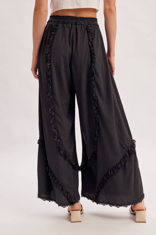 BOHO EYELET LACE RUFFLE TRIMMED WIDE PANTS