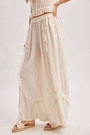 BOHO EYELET LACE RUFFLE TRIMMED WIDE PANTS