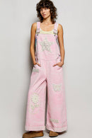 Floral Crochet Pearl Patch Roomy Fit Twill Overalls