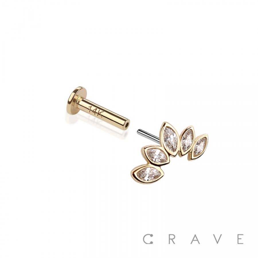 14K GOLD THREADLESS PUSH IN FIVE MARQUISE GEM CLUSTER LABRET