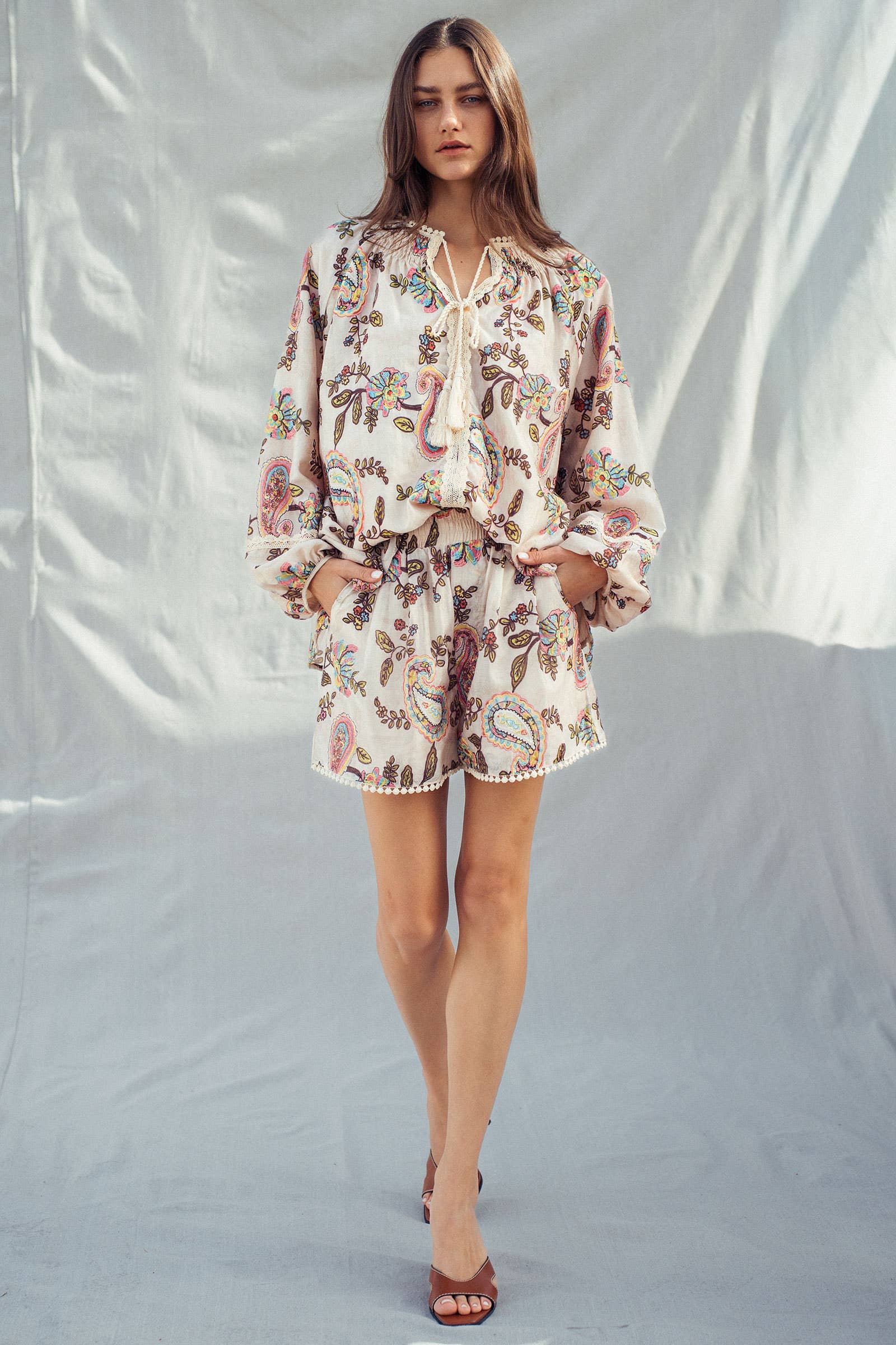 Boho Colorful Paisley Embroidered Smocked Shorts