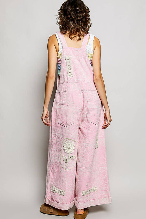 Floral Crochet Pearl Patch Roomy Fit Twill Overalls