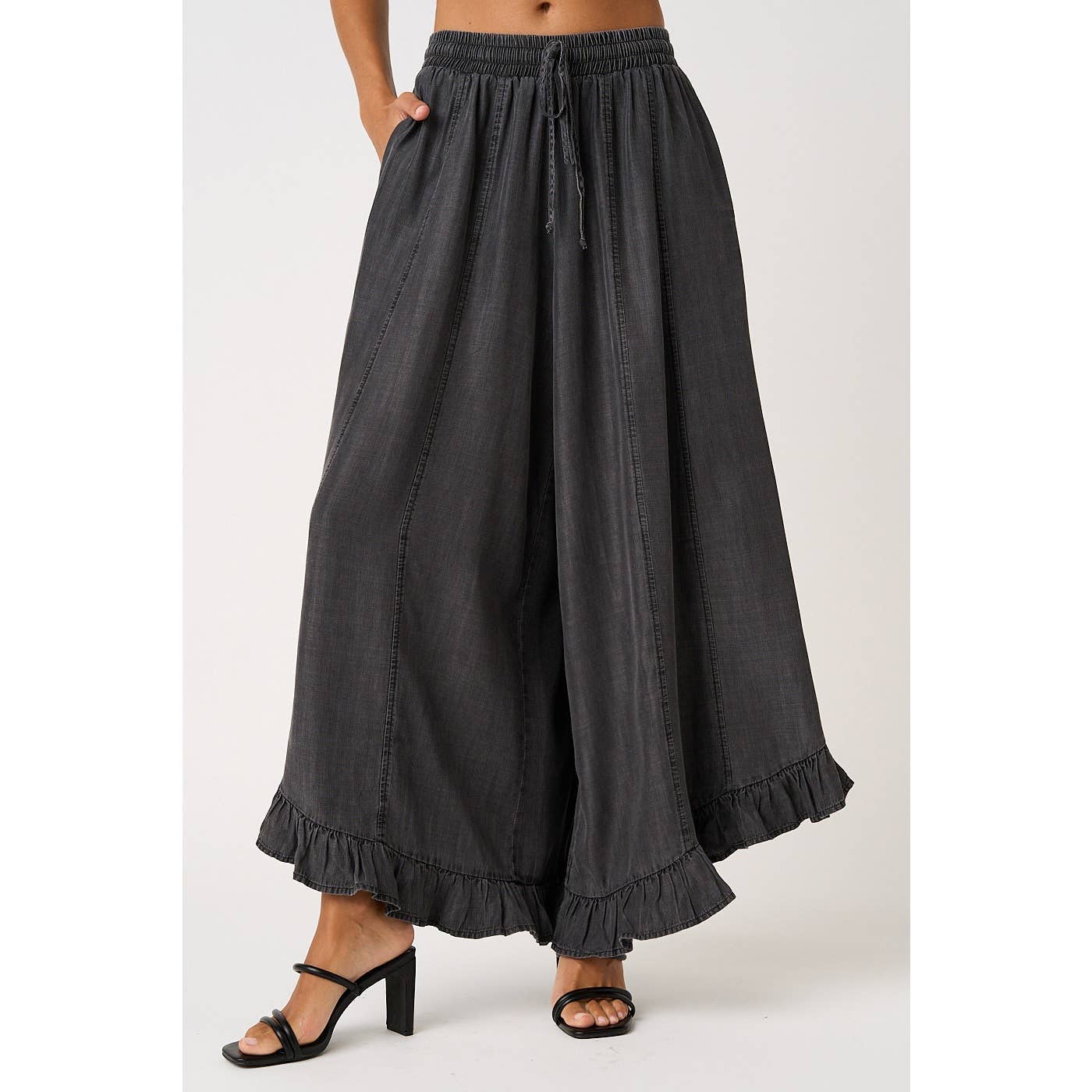 WASHED CHAMBRAY RUFFLE HEM WIDE LEG PANTS