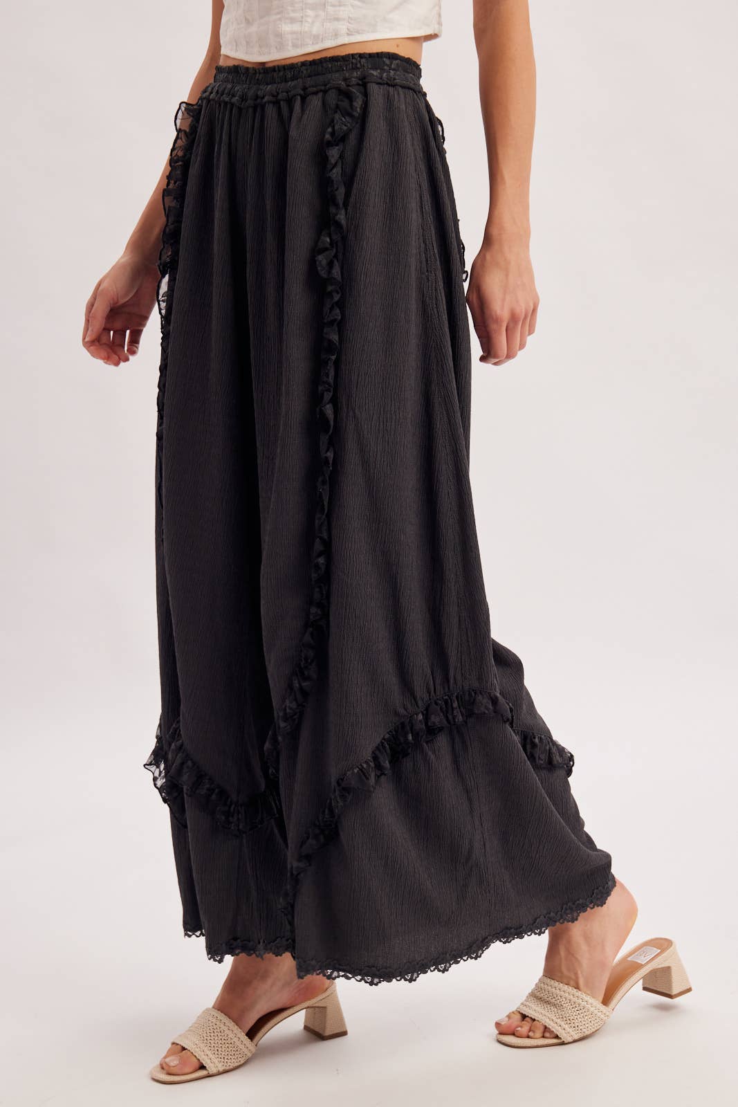 BOHO EYELET LACE RUFFLE TRIMMED WIDE PANTS
