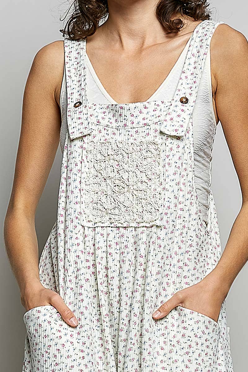 Vintage Floral Knit Contrast Pocket Jogger Overalls