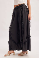 BOHO EYELET LACE RUFFLE TRIMMED WIDE PANTS