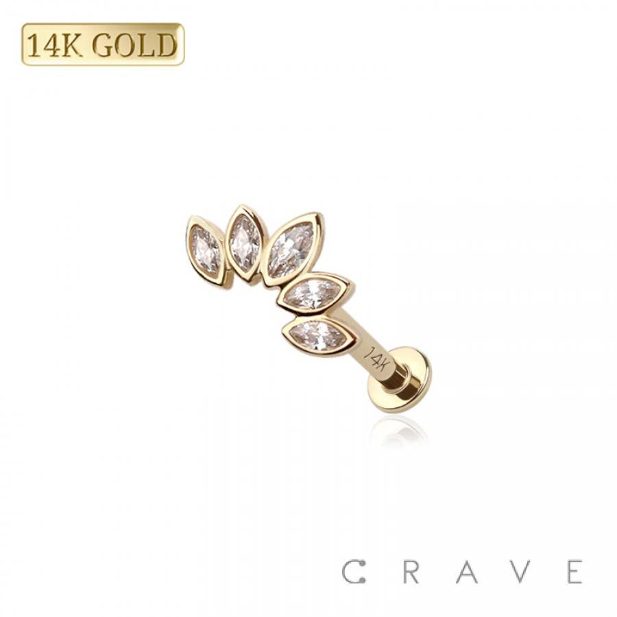 14K GOLD THREADLESS PUSH IN FIVE MARQUISE GEM CLUSTER LABRET