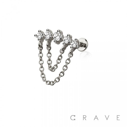 MULTI ROUND CZ DANGLE CHAIN TOP 316L SURGICAL STEEL THREADLE