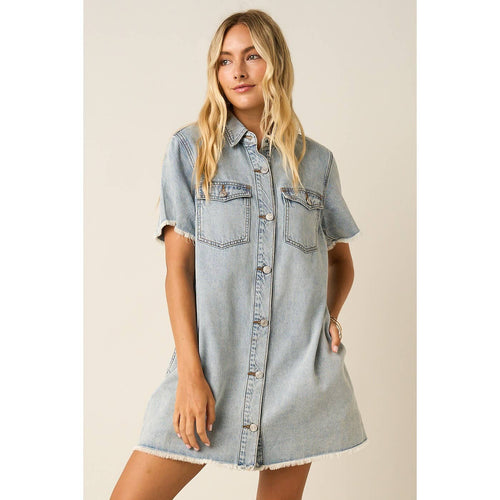 WASHED DENIM SHORT SLEEVE MINI SHIRT DRESS