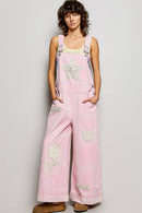 Floral Crochet Pearl Patch Roomy Fit Twill Overalls