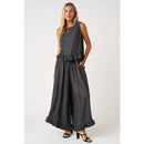 WASHED CHAMBRAY RUFFLE HEM WIDE LEG PANTS